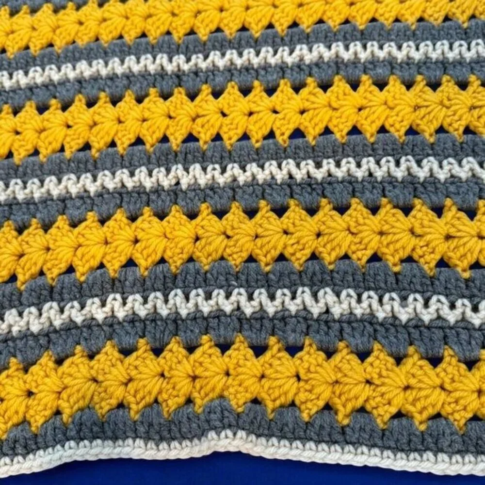 Crochet Afghan Baby Blanket Yellow Grey Stripes Approx 37